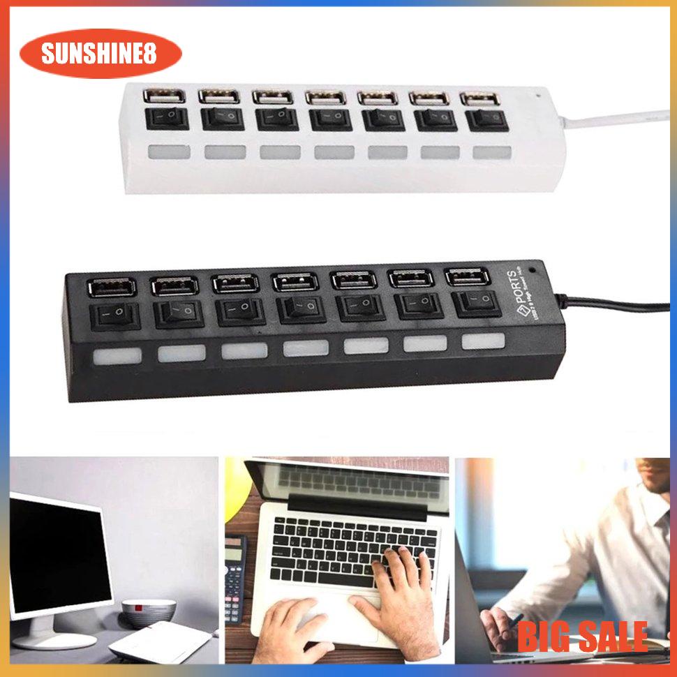 【SUN】7 cổng Thiết kế phổ quát Home Office LED USB 2.0 Adapter Charging Hub