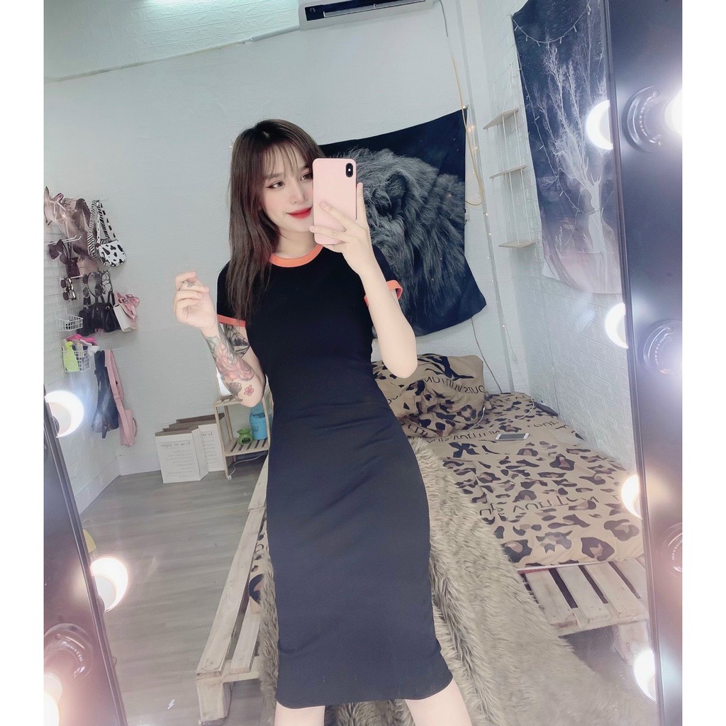 Đầm cổ tròn trơn dáng dài kiểu viền tay cổ màu xinh , chất thun bozip mềm mịn ( ảnh thật )