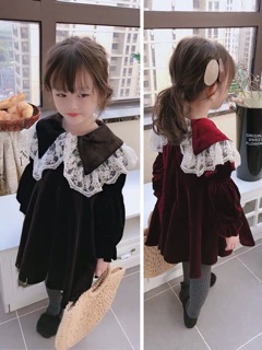 VÁY NHUNG CỔ REN BÉ GÁI