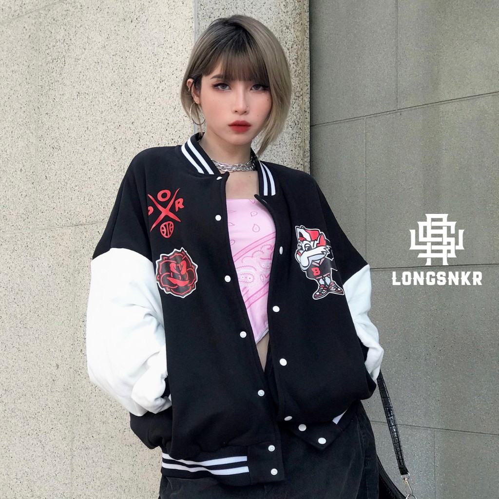 _ Áo khoác Varsity Đen họa tiết Longsnkr chất nỉ cao cấp - Bomber /Varsity
