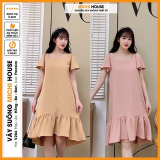 Đầm Suông Công Sở Dự Tiệc V284 MICHI House Váy Xuông Đuôi Cá Cổ Vuông Tay Bồng Freesize Mặc Bầu Xinh