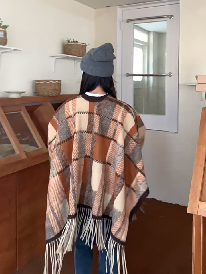 「ADELIA」Áo Choàng Len Kết Hợp Khăn Choàng Tua Rua 2 Mặt Chất Len Dày Màu Vintage Họa Tiết Caro | BigBuy360 - bigbuy360.vn