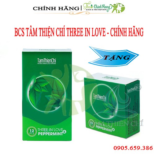 Bao cao su Tâm Thiện Chí Three In Love Peppermint Hộp 12 Cái + Tặng Hộp 3 Cái [CHÍNH HÃNG]