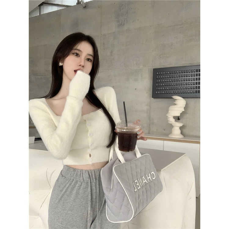 Áo Cardigan Dệt Kim Tay Dài Cổ Vuông Dáng Ngắn Thời Trang Cho Nữ