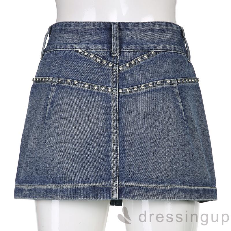 DRE-Women´s Mini Denim Skirts, Fashion Rhinestone High Waist Flap Pocket Short Jean Skirts