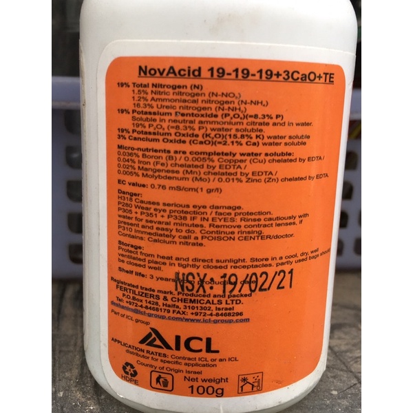 PHÂN BÓN NOVACID 19-19-19+3CaO+TE
