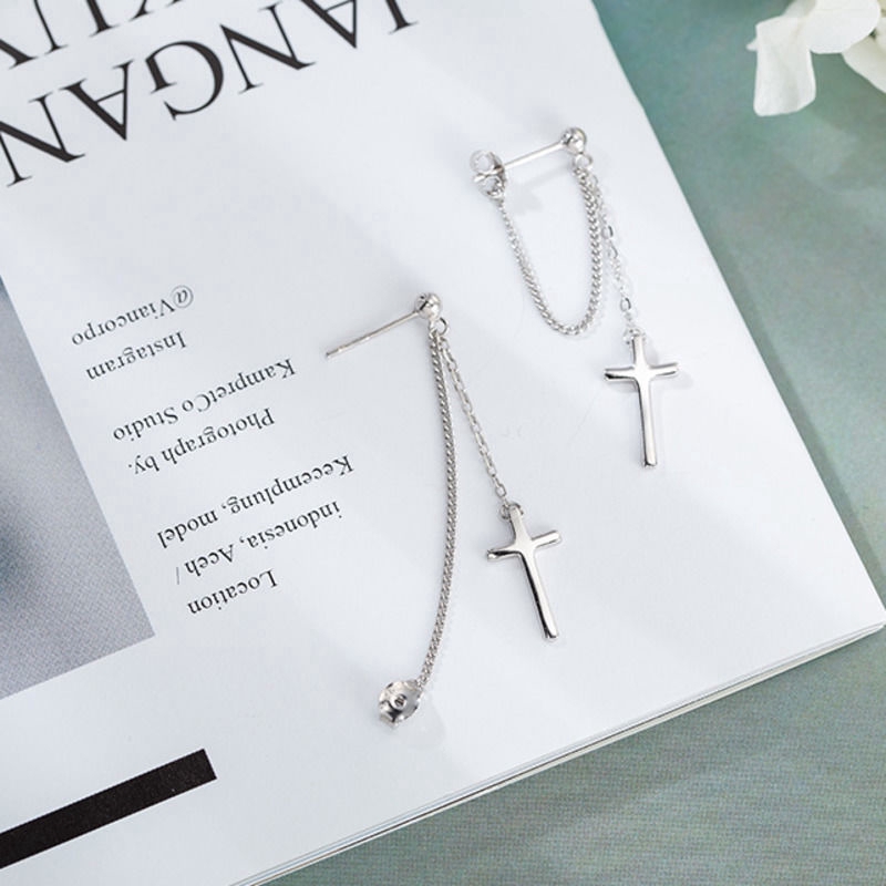 Bông tai hình chữ thập phối chuỗi dây mắt xích thời trang phong cách hiphop