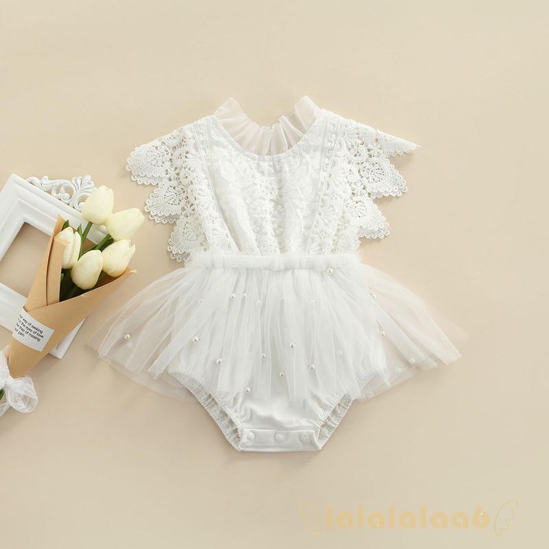 Áo liền quần tay ngắn cổ tròn dáng rộng phối lưới đính ngọc trai giản dị cho bé gái