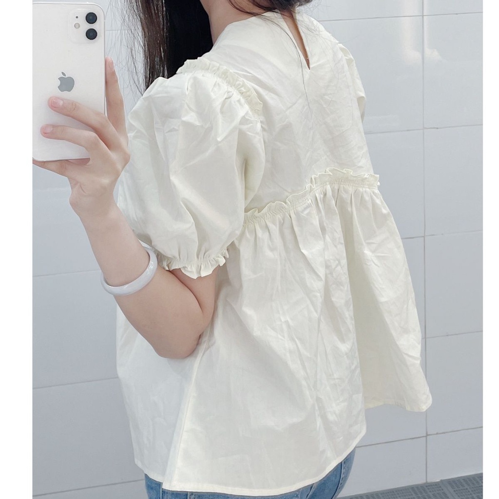 Áo Sơ Mi Tay Phồng Cổ Tròn Dáng Rộng Thiết Kế Mới Mùa Hè Theo Phong Cách Hàn Quốc Cho Nữ