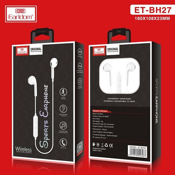 Tai Nghe Bluetooth  Earldom BH-27 2 Tai Có Dây Thể Thao Hỗ Trợ iOS, Android Có Chức Năng Đàm Thoại