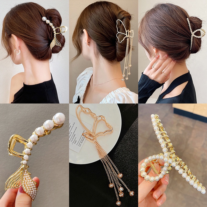 Kẹp Tóc Kim Loại Mạ Vàng Đính Ngọc Trai Nhân Tạo Thời Trang