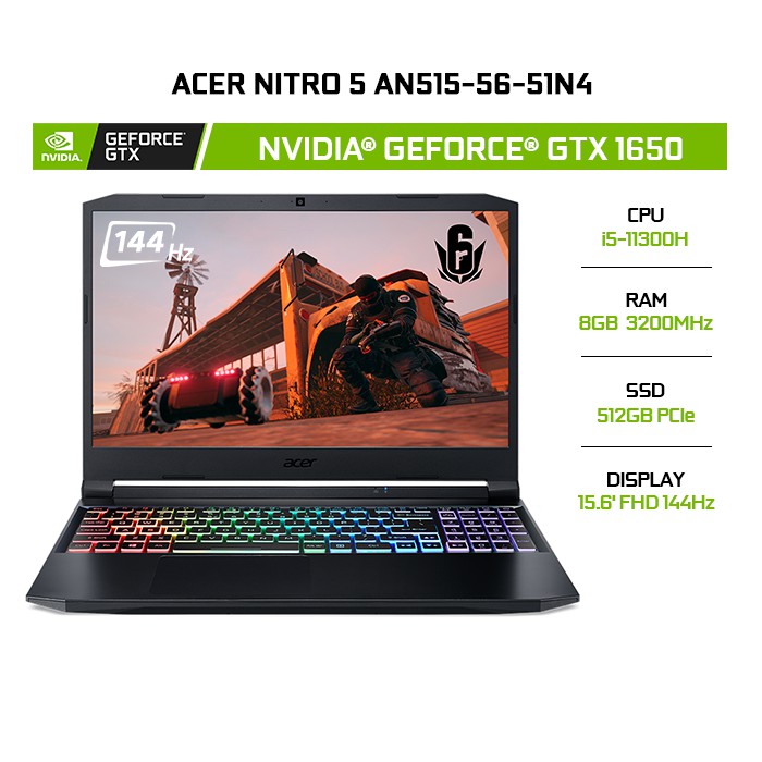Laptop Acer Nitro 5 AN515-56-51N4 GeForce® GTX 1650 4GB i5-11300H | 8GB | 512GB |15.6' FHD 144Hz | Win 10