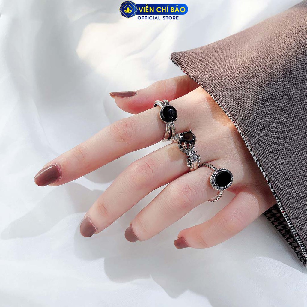 Nhẫn bạc nữ đính đá đen thái s925 thời trang phụ kiện trang sức nữ thương hiệu Viễn Chí Bảo N000247