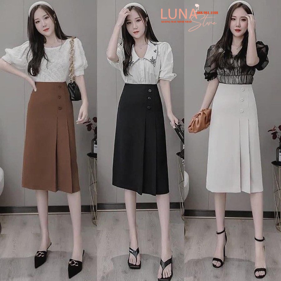 Chân váy chữ A công sở dài qua gối cạp lưng cao khóa sau - Màu Đen Trắng Nâu - Vải Vitex dày mặc công sở đi làm học biển