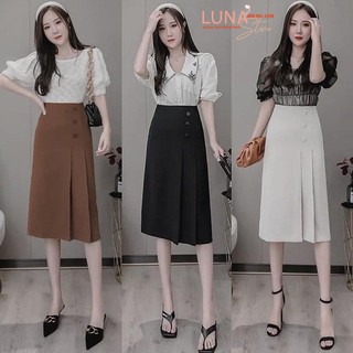 Chân váy chữ A công sở dài qua gối cạp lưng cao khóa sau - Màu Đen Trắng Nâu - Vải Vitex dày mặc công sở đi làm học biển