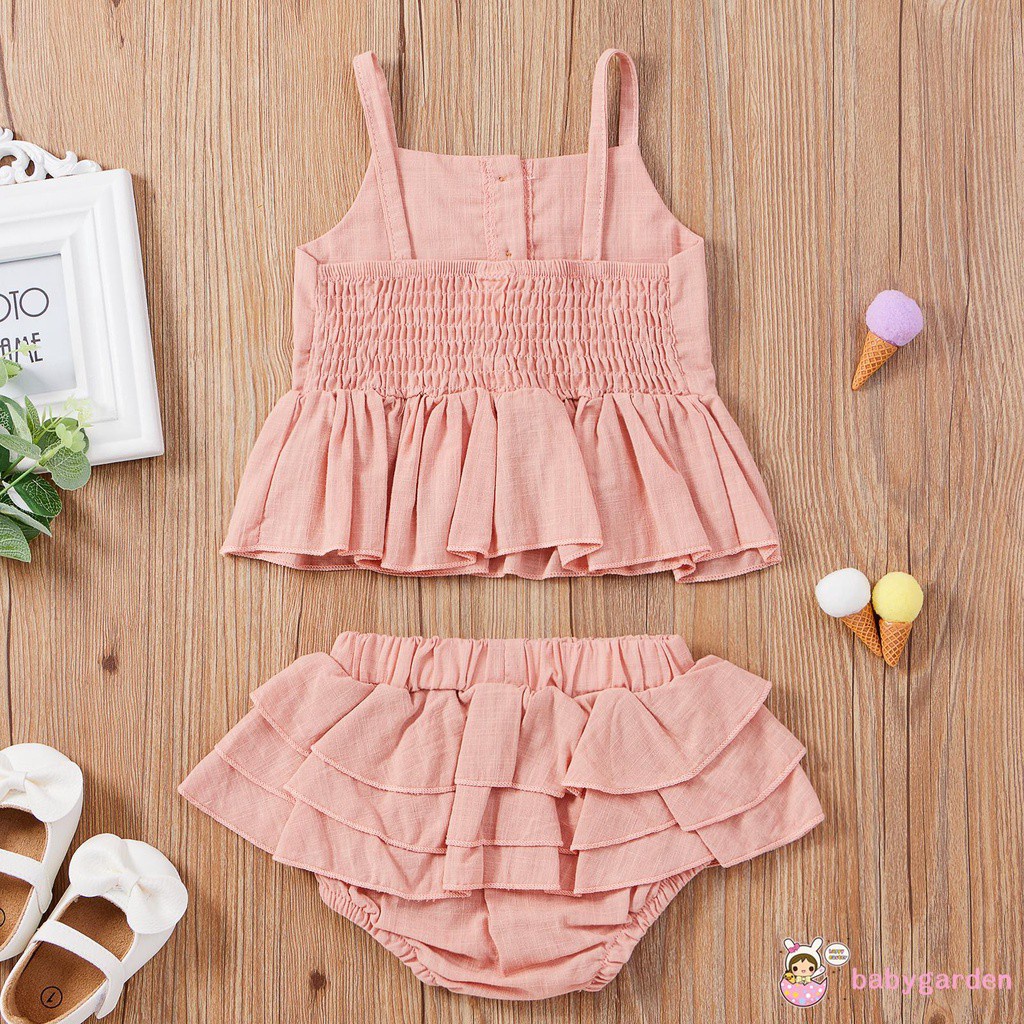 Bộ Áo Hai Dây Phối Quần Short Có Nút Màu Trơn Thời Trang Mùa Hè Cho Bé Gái