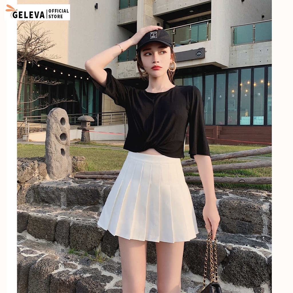 Chân váy tennis xếp ly ngắn phong cách Hàn Quốc, Váy tennis nữ cạp cao màu trắng đen be nâu Geleva GE907 | BigBuy360 - bigbuy360.vn