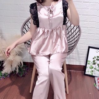 Pizama tay cộc quần dài phi lụa sát nách phối ren tiểu thư
