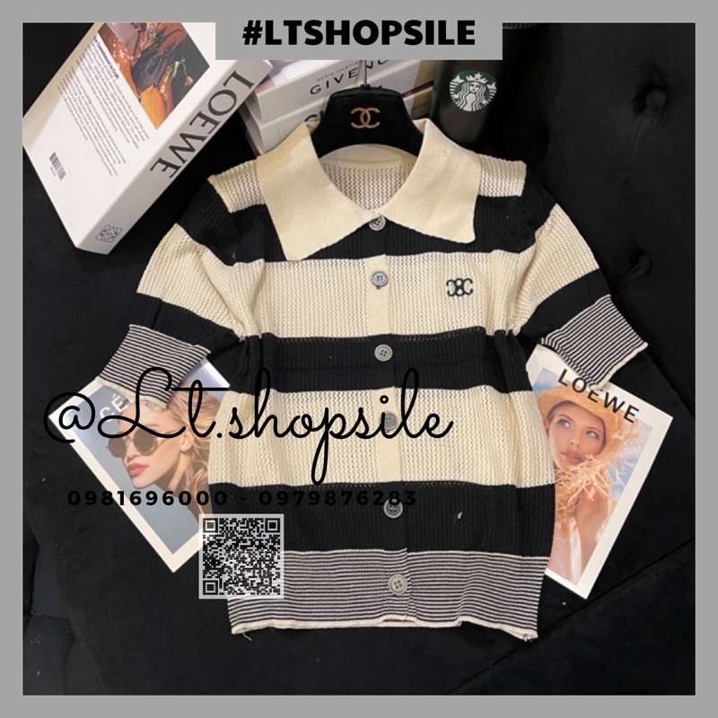 Áo len lưới cổ bẻ phối kẻ ngang 3 màu, Hàng Quảng Châu loại 1