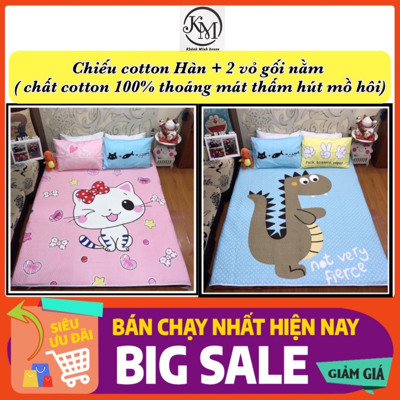 Chiếu Điều Hòa Cotton 100% Thấm Hút Mồ Hôi Tặng Kèm 2 Vỏ Gối Nằm