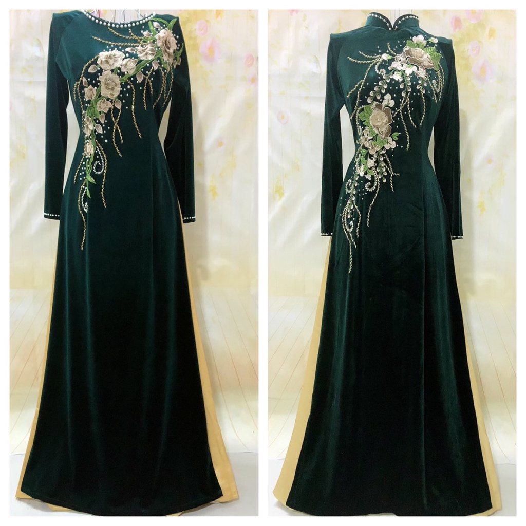 ÁO DÀI NHUNG CHO MẸ MÀU XANH VECHAI -ẢNH THẬT 100%