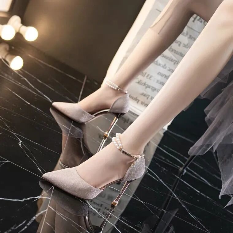 Giày Cao Gót Mũi Nhọn Một Dây Đính Ngọc Trai Phong Cách Pháp Thời Trang Mùa Hè Hàng Mới Dành Cho Bạn Nữ