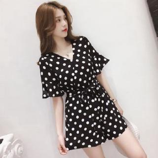 XJ-Jumpsuit Tay Ngắn Cổ Chữ V Họa Tiết Chấm Bi 0329