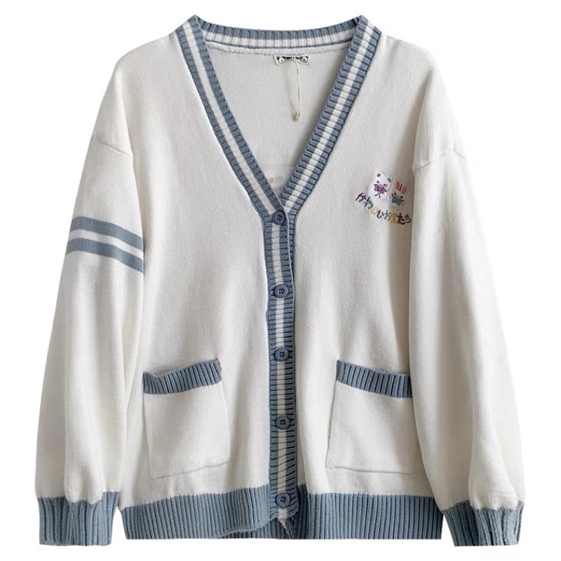 Áo khoác len cardigan trắng kem thêu gấu dễ thương viền xanh phong cách Nhật Bản Yannie