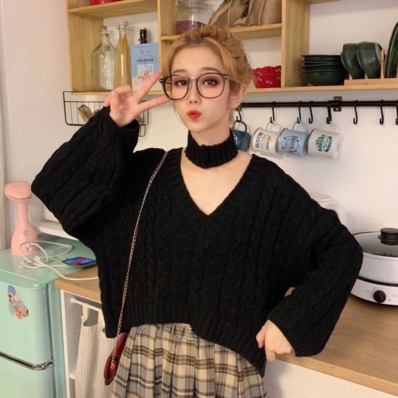 Áo len nữ cổ tim dáng rộng 4 màu siêu hot