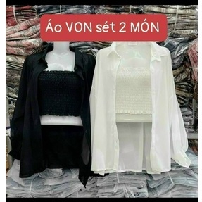 set áo ống nhúm xinh kèm áo khoác sơ mi voan