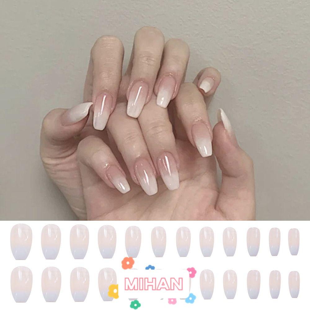 Hộp 24 Móng Tay Giả Màu Trắng Gradient Có Thể Tháo Rời Che Phủ Toàn Diện MIHAN1