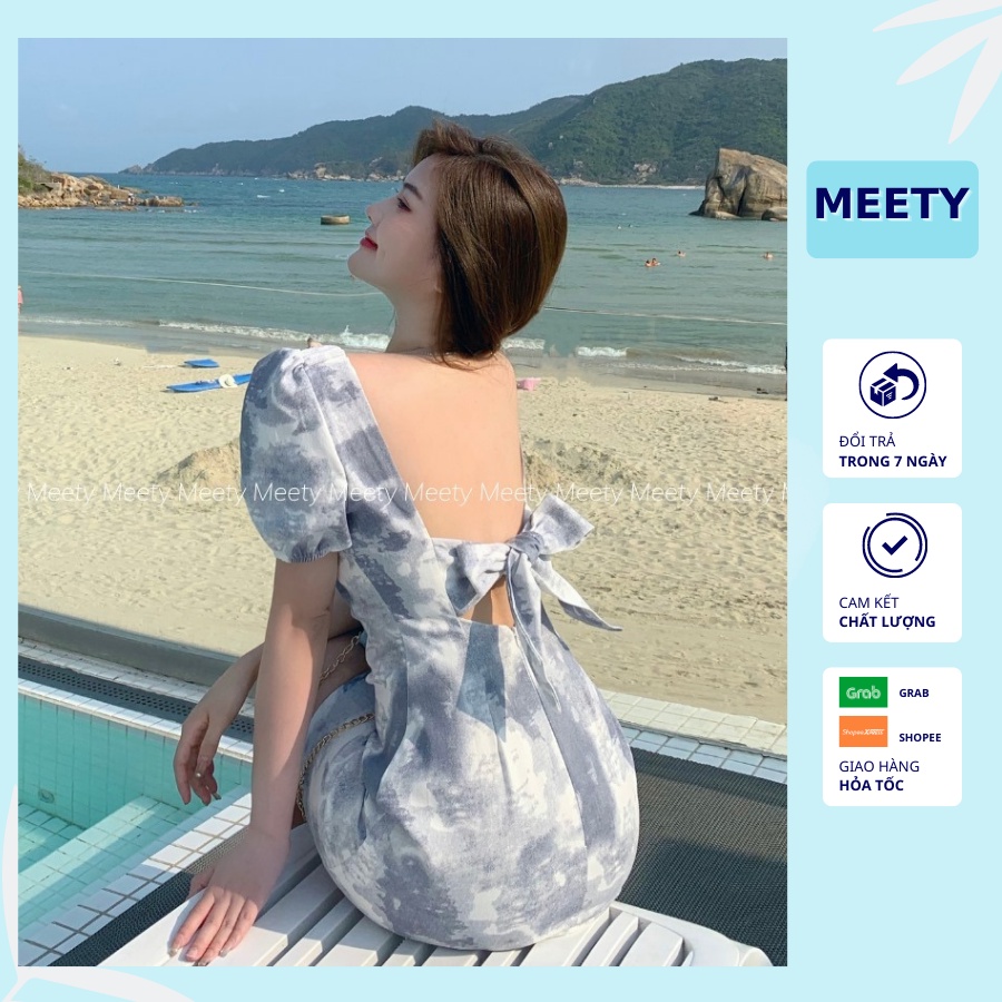 Váy Ôm Body Hở Lưng Đi Biển Màu Xanh Loang Có Mút Ngực Tay Ngắn Buộc Nơ Vải Thô Mềm Chuẩn Dáng MV5- Meety
