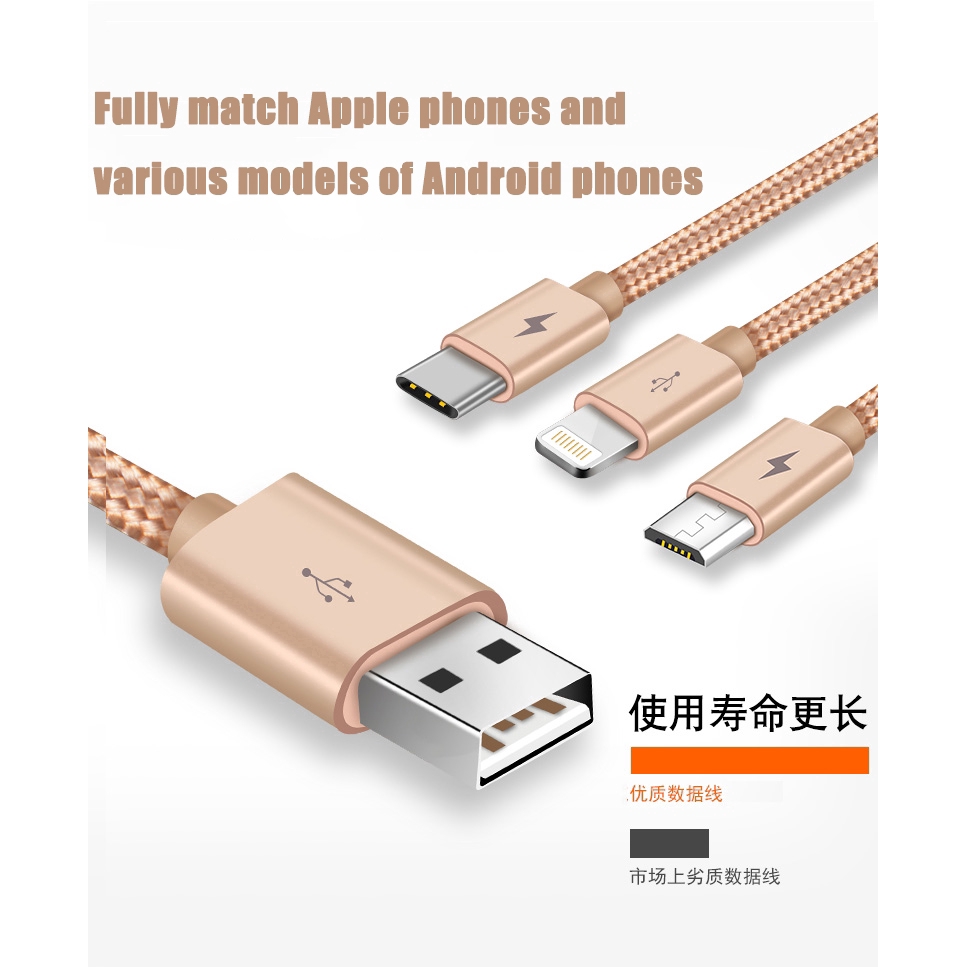 Cáp sạc nhanh VANSEN giao diện cổng Lightning Micro USB Type-C 3 trong 1 cho Apple Android