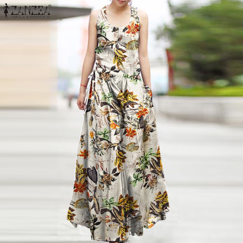 Zanzea Đầm Dây Rút Không Tay In Họa Tiết Thời Trang Nữ