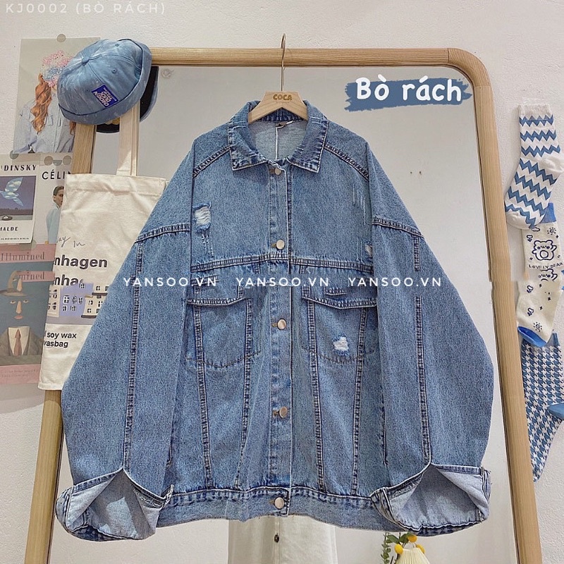Áo khoác bò demin xanh nhạt túi trước hộp , Áo khoác jean from rộng xanh quảng châu( Ảnh thật 100%) YANSOO