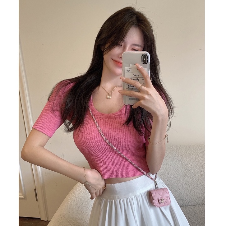 QADCOL  Áo Thun Croptop Tay Ngắn Cổ Chữ U Eo Cao Thời Trang Cho Nữ