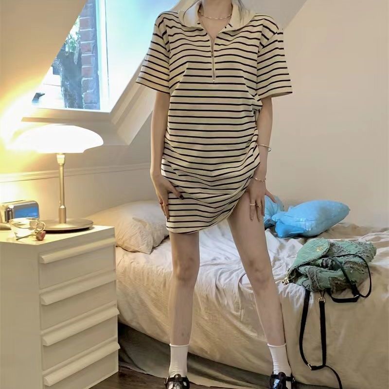 COZOK Đầm Ngắn Tay Dáng Rộng Cổ Bẻ Kẻ Sọc Xinh Xắn Thời Trang Cho Nữ