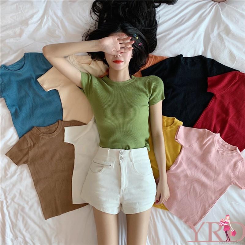 Áo dệt kim ngắn tay cổ tròn thiết kế màu trơn thanh lịch | BigBuy360 - bigbuy360.vn