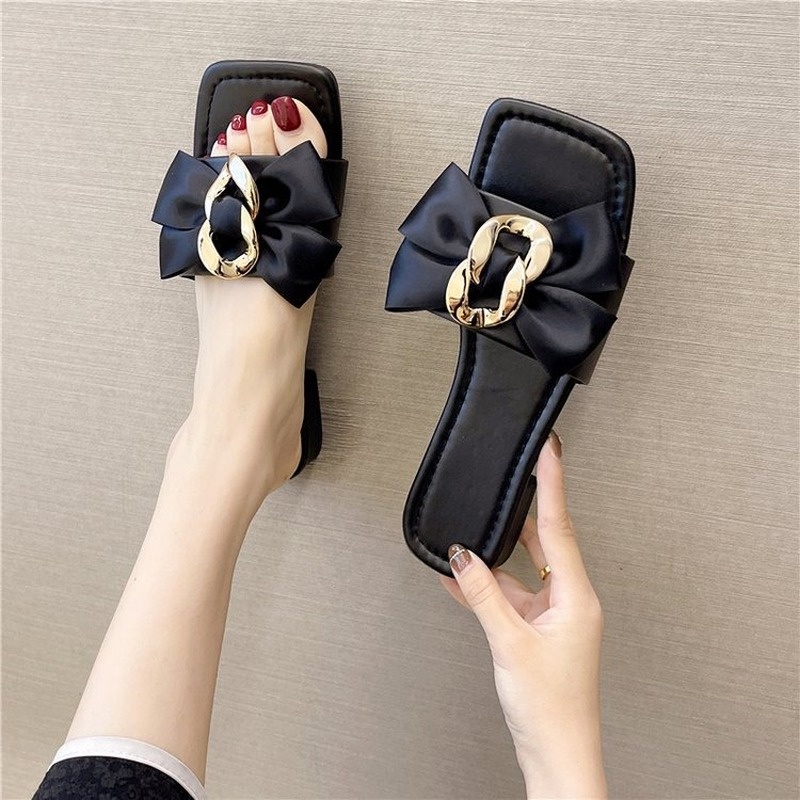 Big Size 35-43 Dép Sandal Nữ Da Đế Bệt Trang Trí Nơ Kim Loại Thời Trang Mùa Hè Cho