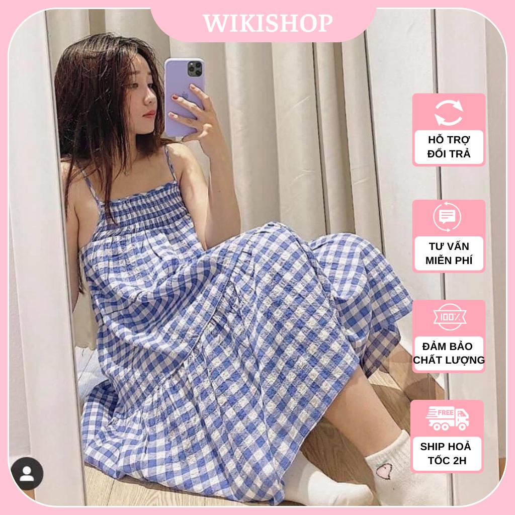 Đầm 2 dây babydoll, váy kẻ caro xanh trắng nữ hở vai tiểu thư dáng dài freesize chun ngực phom xoè đi biển Wikishop C189