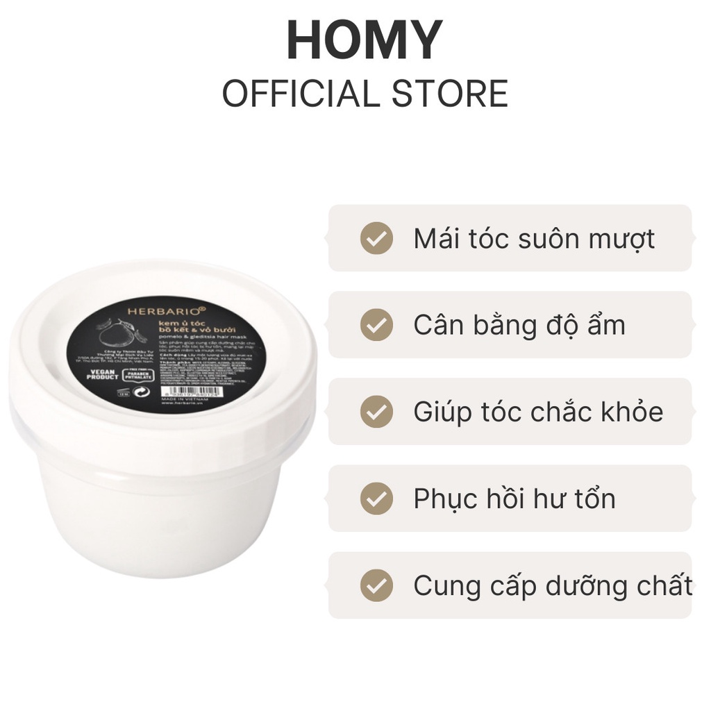 Kem ủ tóc vỏ bưởi bồ kết Herbario 200ml ủ tóc mềm mượt, giảm khô xơ chẻ ngọn phục hồi tóc hư tổn