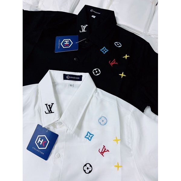 Áo sơ mi nam nữ 3D tay ngắn thêu họa tiết LV, phong cách thời trang chất vải lụa kate mềm mát