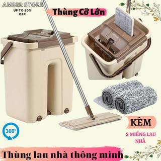 Bộ chổi lau nhà tự vắt thông minh đầu xoay 360 độ tặng 2 miếng bông lau - kèm thùng to