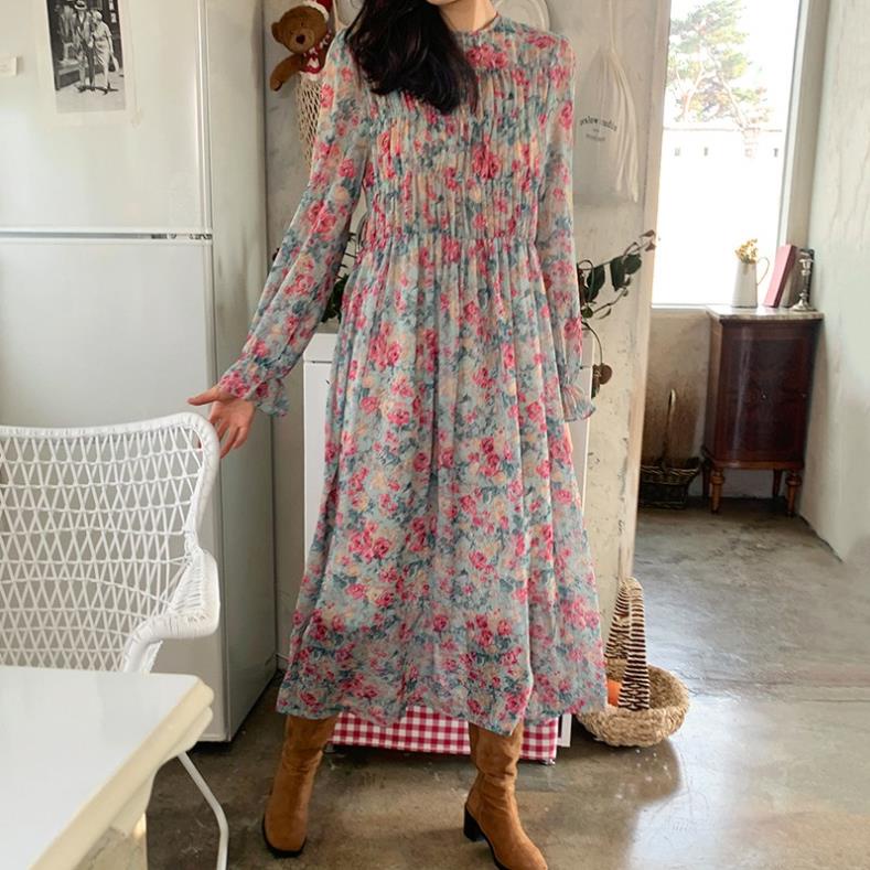 (ORDER) Váy voan hoa hồng xòe dài dập viền xếp ly ngực style tiểu thư Hàn Quốc cổ điển sang trọng