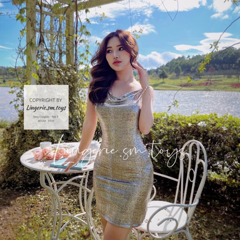 QR1223 - Váy Body Nhũ Bắt Sáng Nổi Bật - Đầm Cổ V - Đây Đính Đá Quyến Rũ