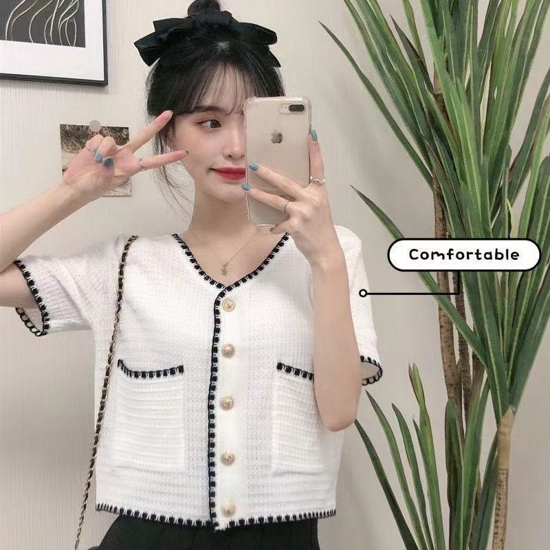 Áo croptop dệt kim nữ kiểu cổ tim tay ngắn - 809