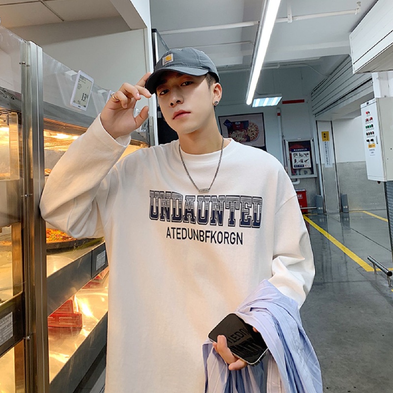 Áo thun tay dài dáng rộng in chữ phong cách Hàn Quốc thời trang cho nam size M-5XL