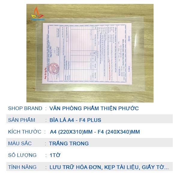 Bìa lá A4 F4 Plus bìa nhựa dày 0.15mm THIỆN PHƯỚC