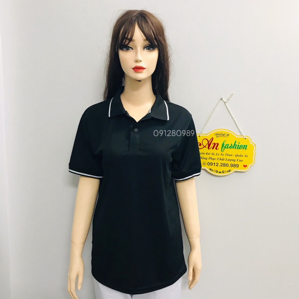 Áo Thun có cổ nam nữ vải thun cá sấu mè màu đen _ Hình chụp thật