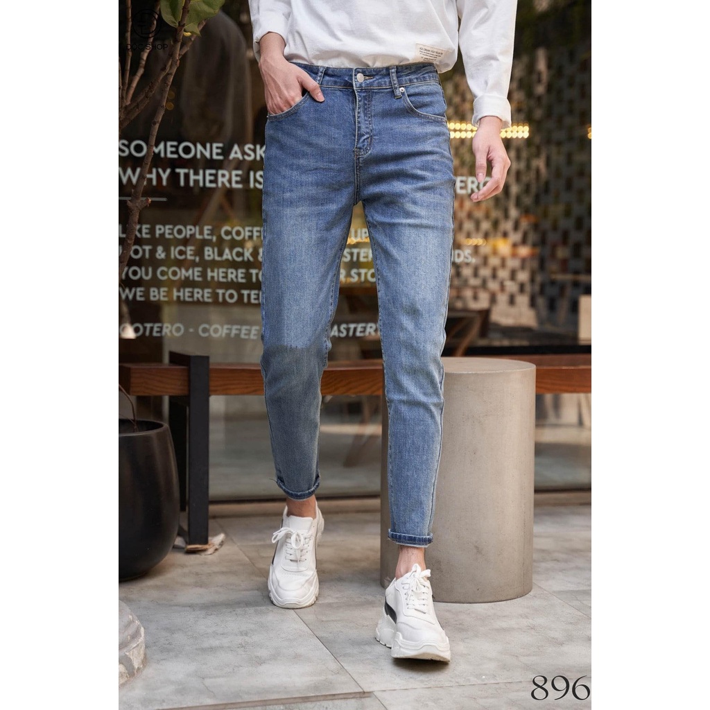 Quần Jean Nam Ống Đứng Trơn Màu Xanh 896 Đậm From Skinny Dáng Chuẩn